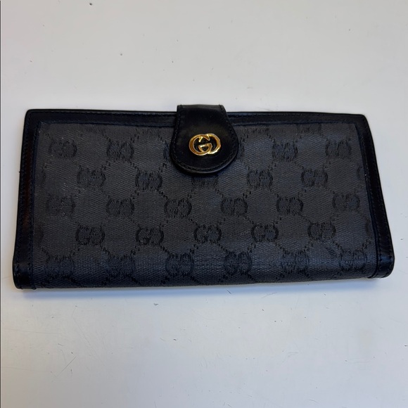 Gucci vintage 80’s black leather and logo canvas multi pocket Wallet - Picture 1 of 14
